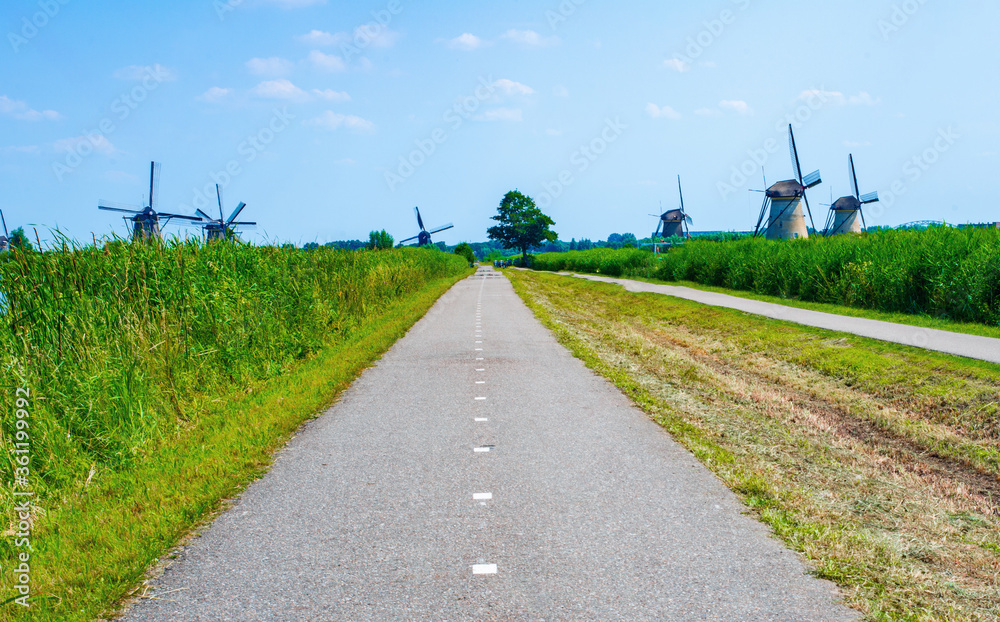 荷兰著名旅游景点荷兰风车村Kinderdijk，色彩缤纷的夏日土地