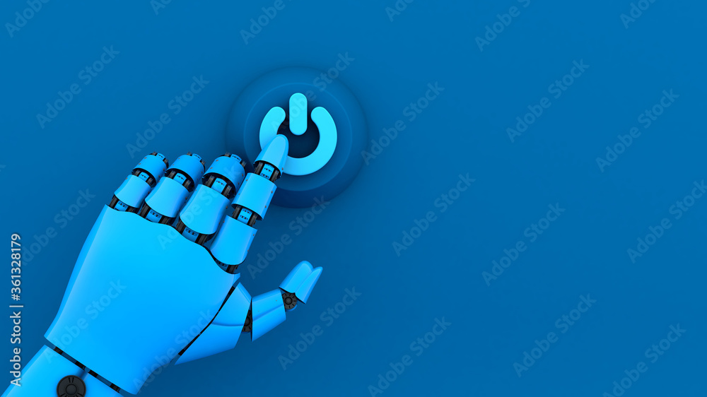 蓝色机械手按下开机按钮，启动人工智能机器系统进行业务