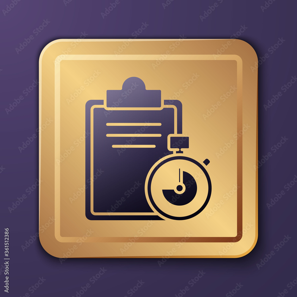 紫色验证交付列表剪贴板图标隔离在紫色背景上。金色方形按钮