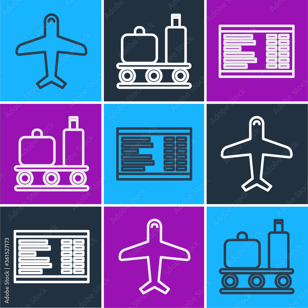 设置带行李箱图标的飞机、机场登机牌和机场传送带。矢量。
