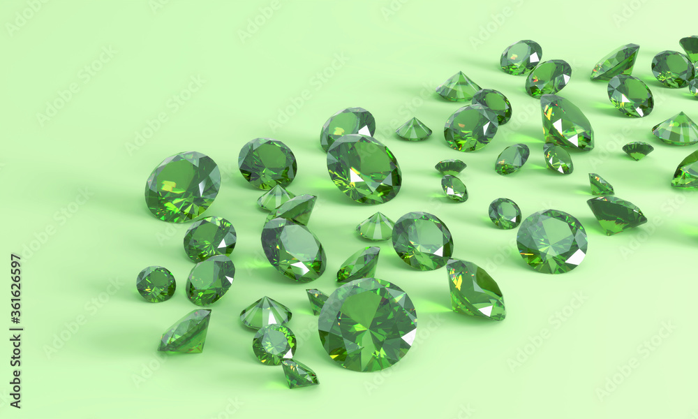 绿色背景中的绿色翡翠钻石组3d插图