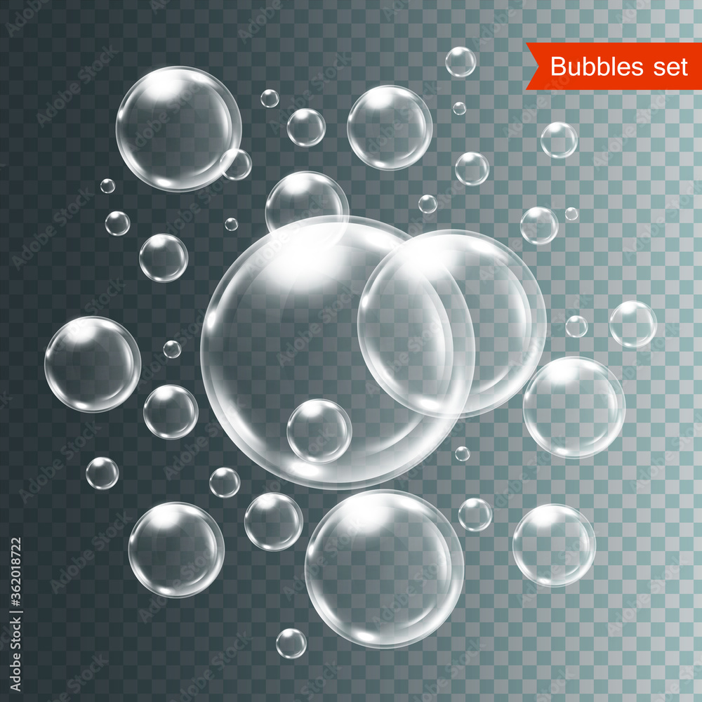 透明背景上的一组水下气泡隔离矢量图。