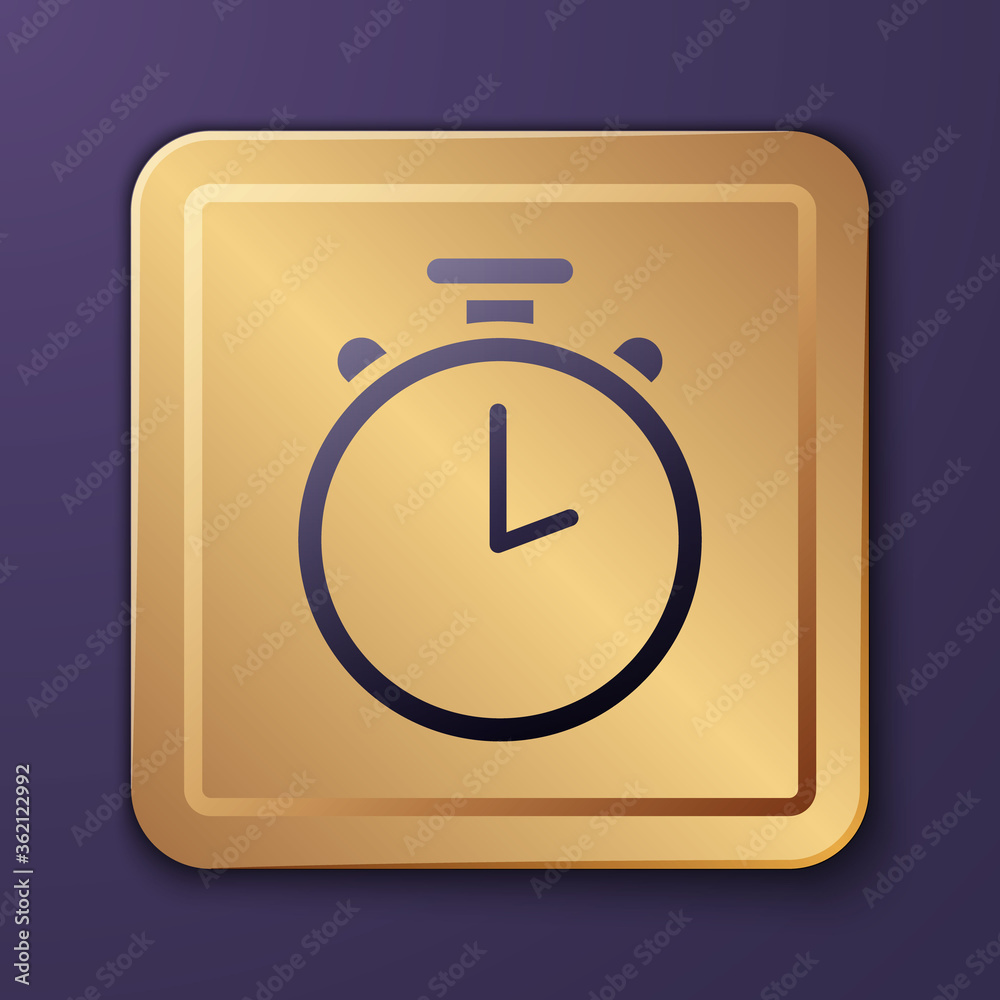 紫色秒表图标隔离在紫色背景上。计时器标志。计时表标志。金色方块