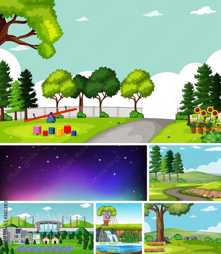 Six different scenes in nature setting cartoon style