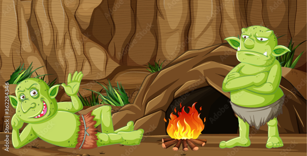 卡通风格的洞穴小屋和篝火的地精或巨魔