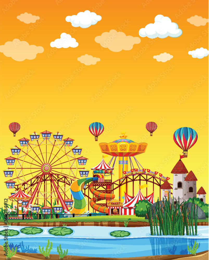 Amusement park with swamp scene at daytime with blank yellow sky