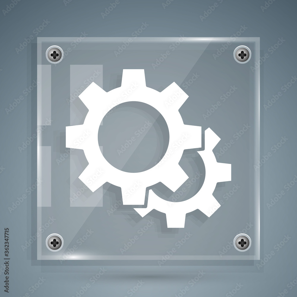 White Gear icon isolated on grey background. Cogwheel gear settings sign. Cog symbol. Square glass p
