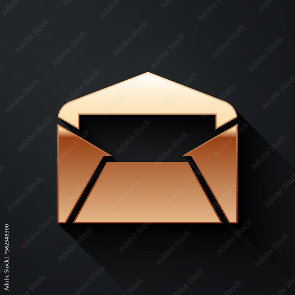 黑色背景上隔离的金色信封图标。电子邮件字母符号。长阴影样式。Vec