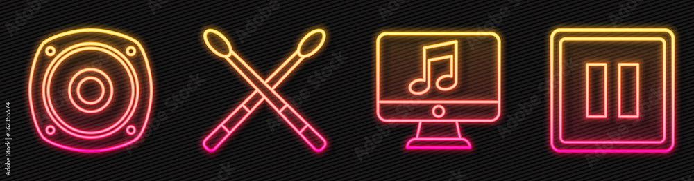 Set line Computer with music note, Stereo speaker, Drum sticks and Pause button. Glowing neon icon. 