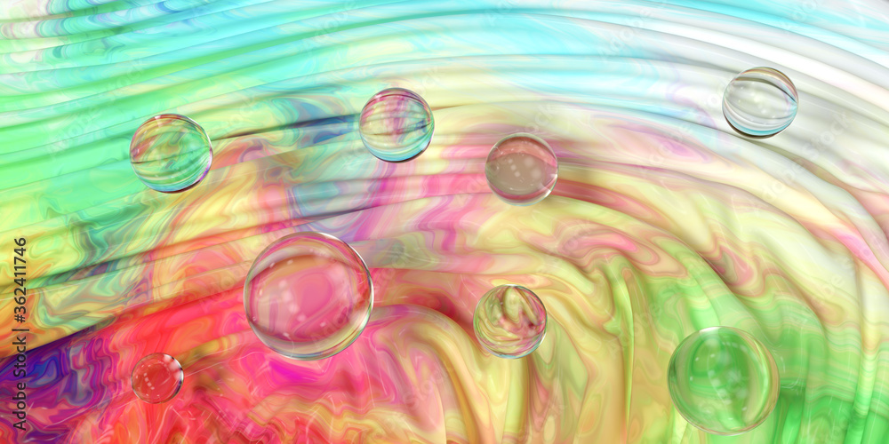 波浪彩色绘画图案气泡球，三维渲染。
