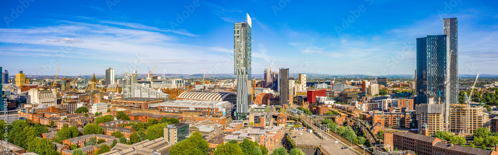 Extremely wide panoramic aerial shot on a beautiful summer day during lock-down in Manchester UK