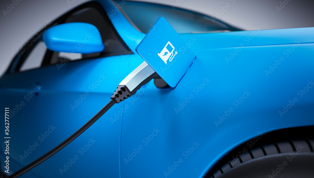 电动出行，蓝色电动汽车充电电池-3d插图