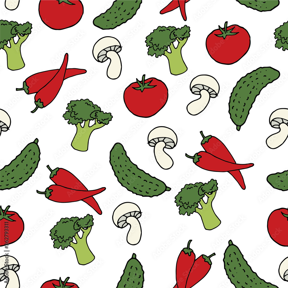 无缝矢量图案，涂鸦卡通风格的插图。可爱的蔬菜被隔离在whi上