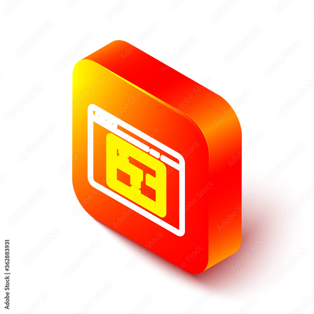 白色背景上隔离的等距线房屋平面图标。橙色方形按钮。矢量插图