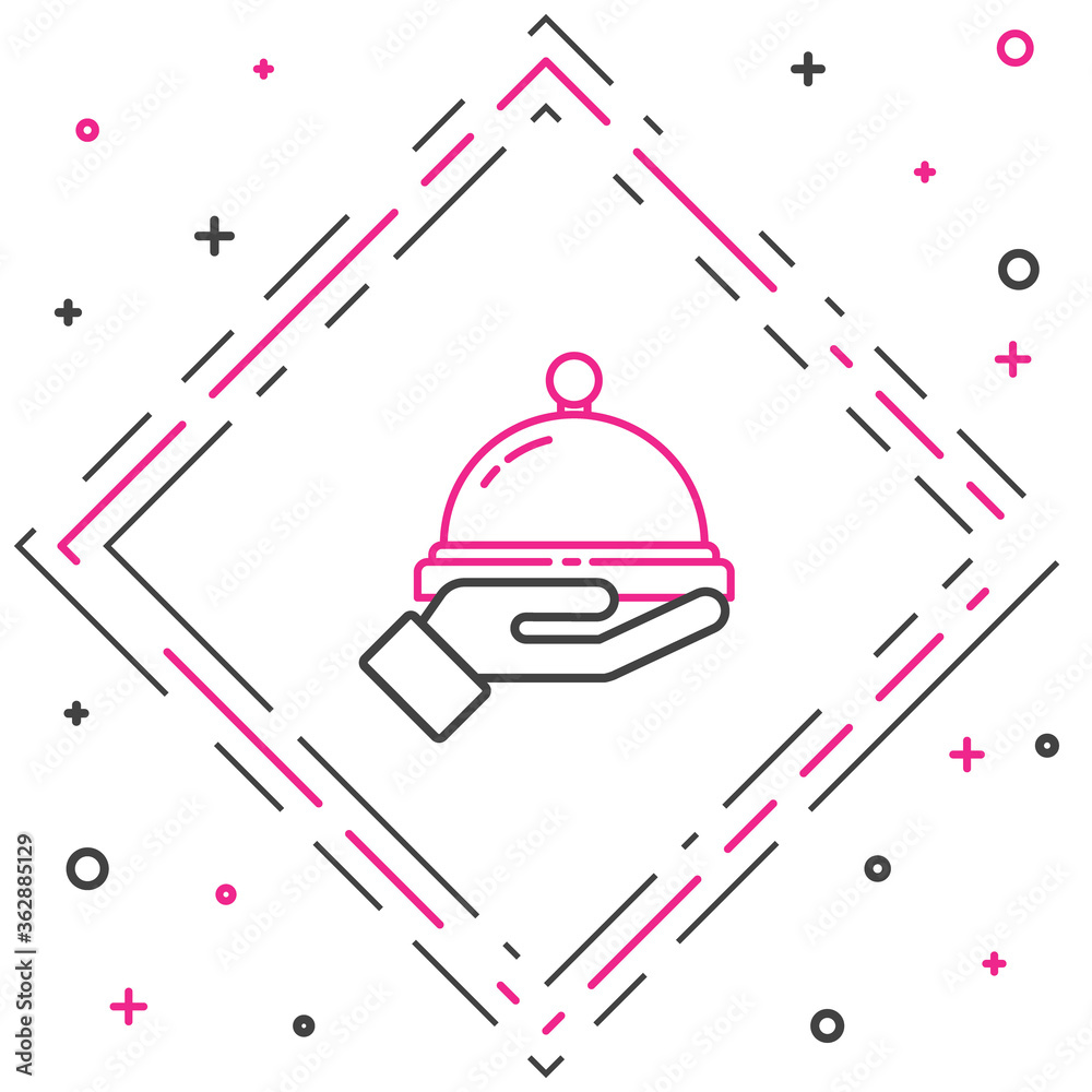 线路上覆盖着一盘白色背景上隔离的食物图标。托盘和盖子标志。餐厅cl