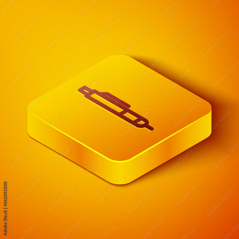 Isometric line Pen icon isolated on orange background. Yellow square button. Vector Illustration.