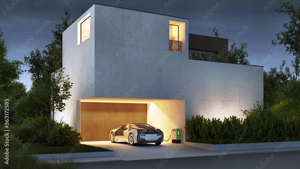 Modern concrete house and electric car