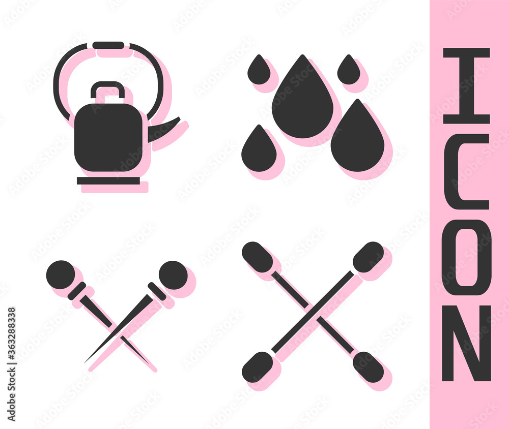 Set Cotton swab for ears, Kettle with handle, Knitting needles and Water drop icon. Vector.