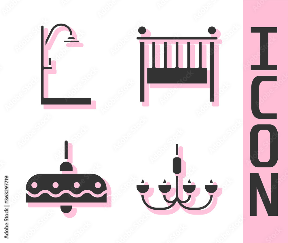 设置吊灯、淋浴器、吊灯和婴儿床摇篮床图标。矢量。