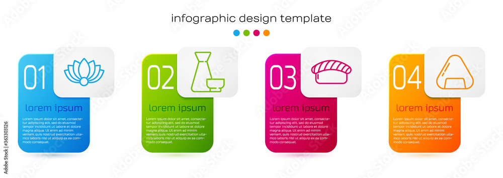 Set line Lotus flower, Chinese tea ceremony, Sushi and Sushi. Business infographic template. Vector.