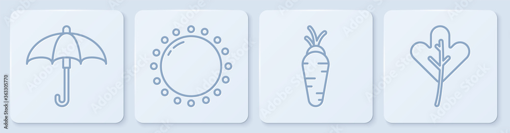 Set line Umbrella, Carrot, Sun and Leaf or leaves. White square button. Vector.