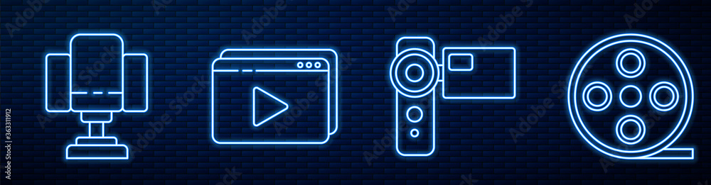 Set line Cinema camera, Director movie chair, Online play video and Film reel. Glowing neon icon on 