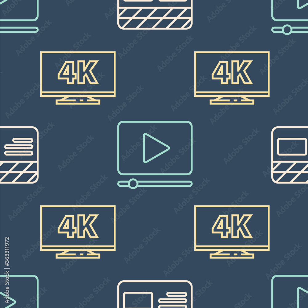 Set line Movie clapper, Screen tv with 4k and Online play video on seamless pattern. Vector.