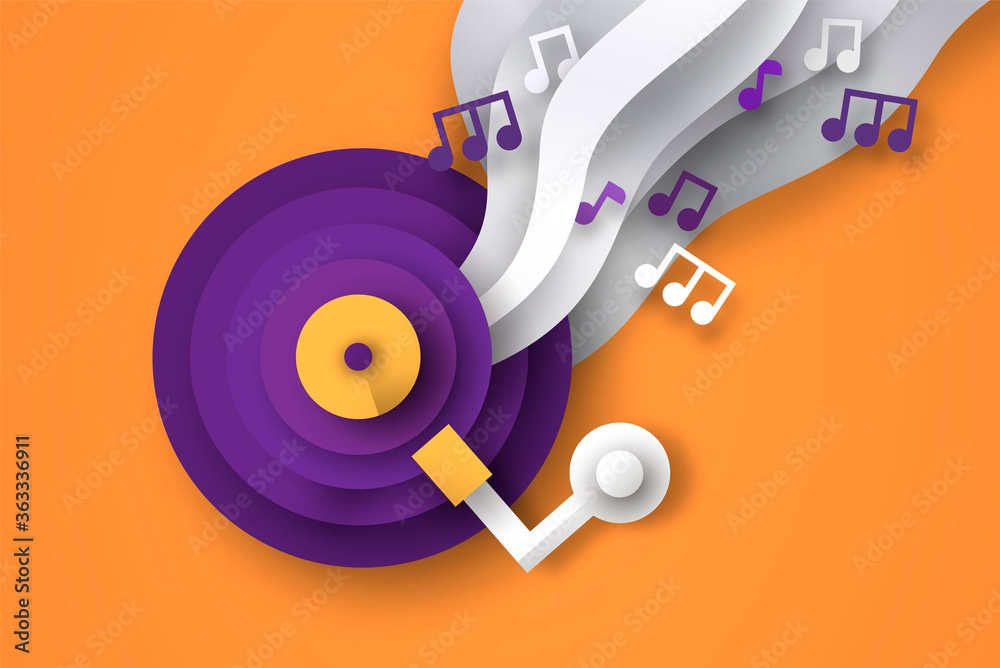 Retro vinyl music cd paper cut with musical note