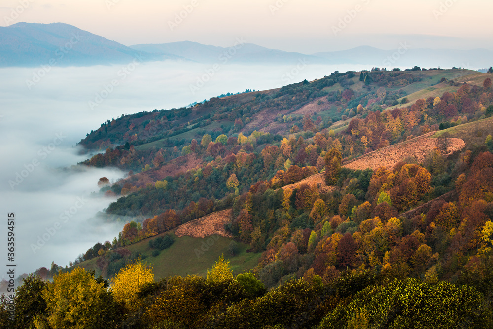 美丽的早晨景观，秋天多雾的山脉。