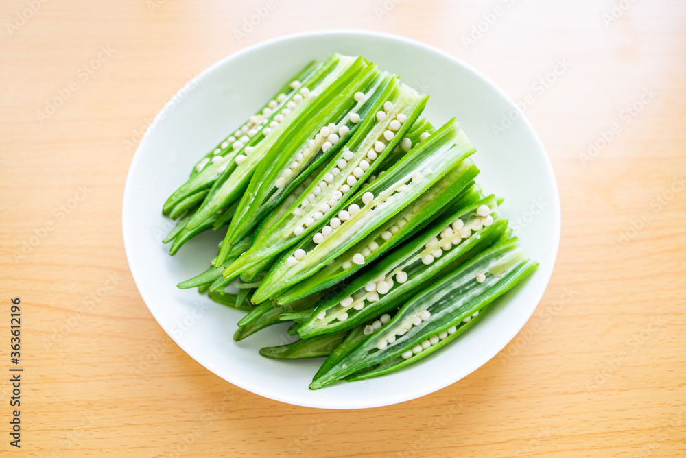A plate of boiled okra slices