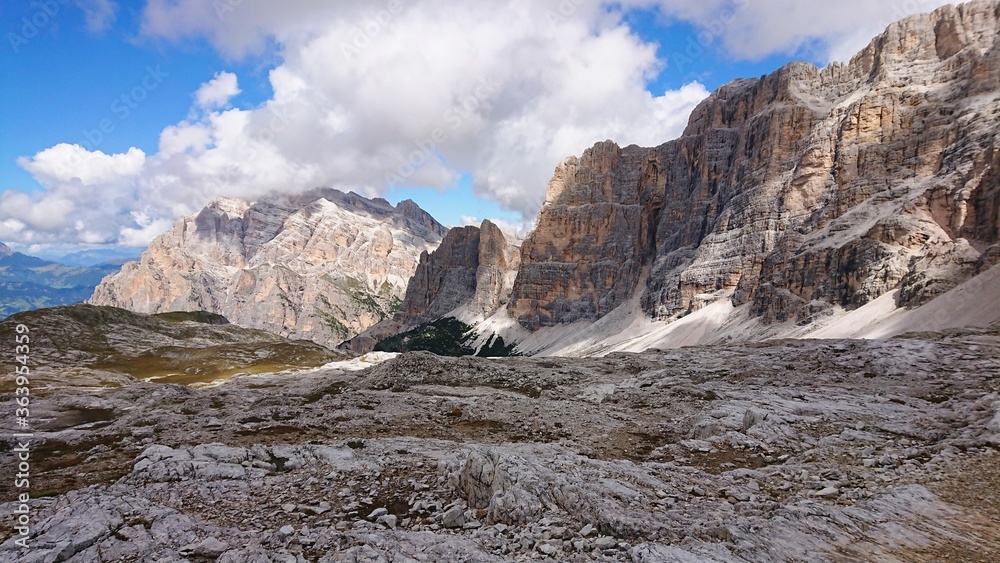 意大利阿尔卑斯山的夏季景观。山脉的自然阴影。布满碎石的山谷