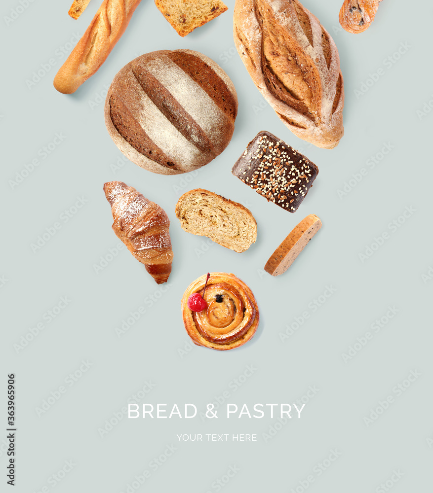 由面包和糕点、羊角面包、法棍面包、蛋糕、黑麦面包制成的创意布局。平躺。食物浓缩