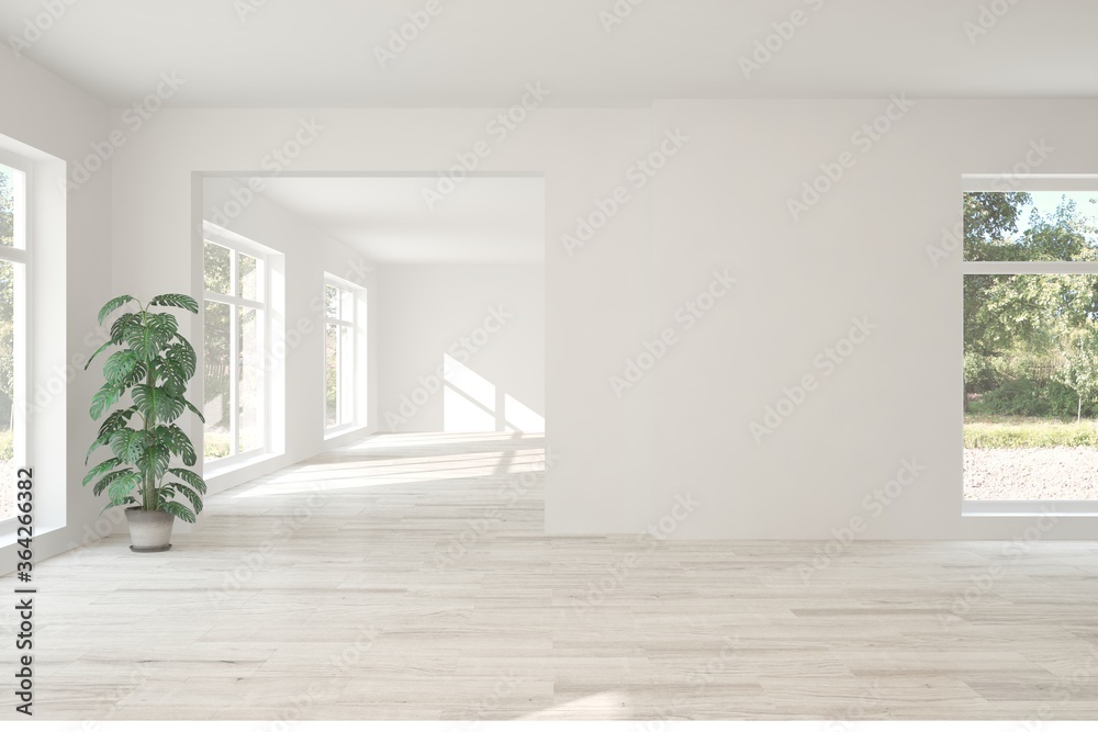 白色空房间。斯堪的纳维亚室内设计。3D插图