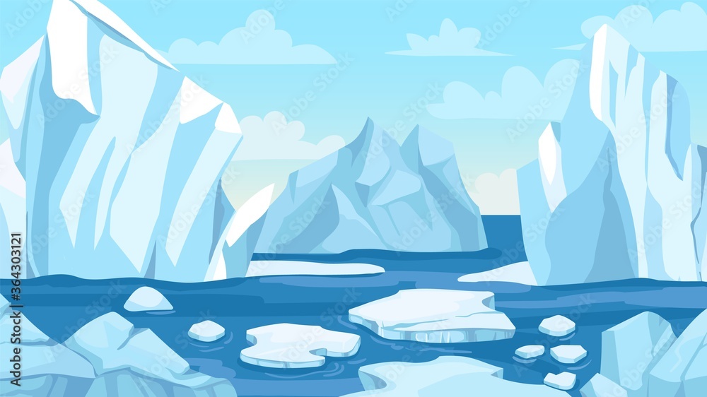 卡通北极景观。冰山、蓝色纯水冰川和冰崖雪山。格陵兰岛