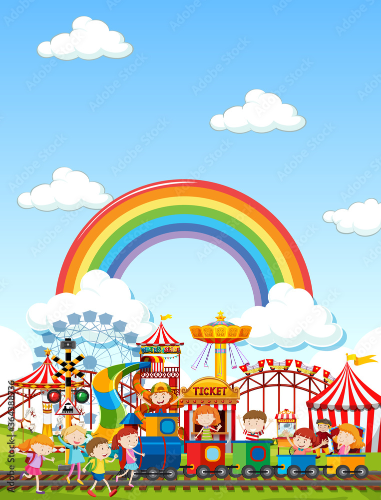 白天的游乐园场景，天空中有彩虹