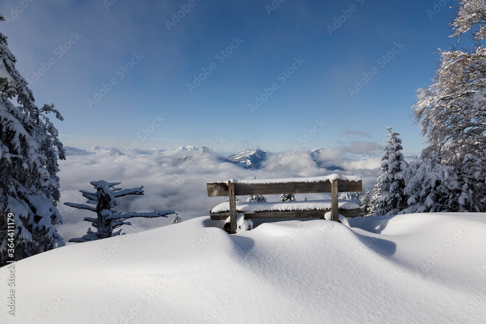 施维茨州罗滕富厄的雪地长椅，可以看到山谷中的雾海