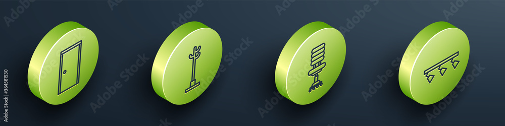 Set Isometric Closed door, Coat stand, Office chair and Led track lights and lamps icon. Vector.