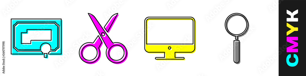 Set Certificate template, Scissors, Computer monitor screen and Magnifying glass icon. Vector.