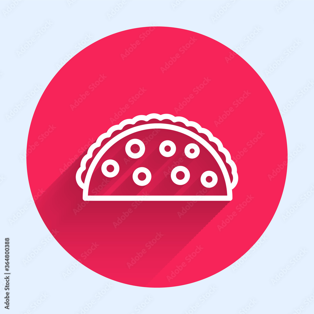 White line Taco with tortilla icon isolated with long shadow. Traditional mexican fast food menu. Re