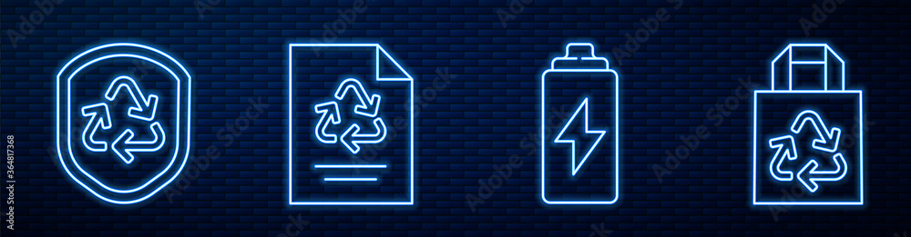 设线电池，屏蔽内有回收符号，带回收的纸和带回收的纸袋。发光