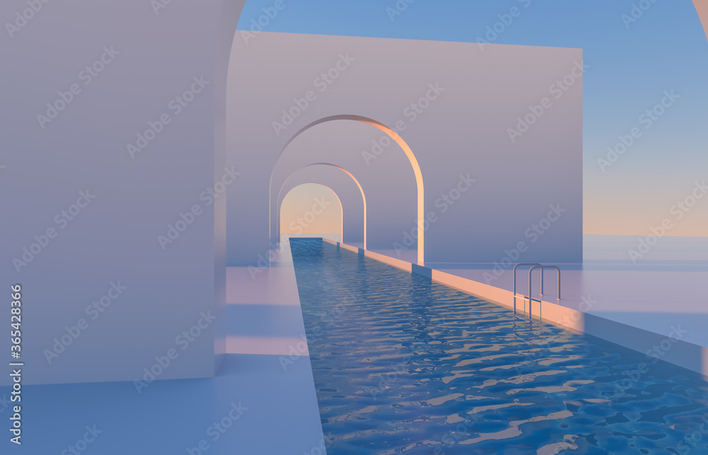 具有几何形式的抽象场景，在自然日光下带有游泳池的拱门。最小的三维土地