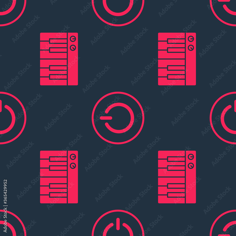 Set Music synthesizer and Power button on seamless pattern. Vector.