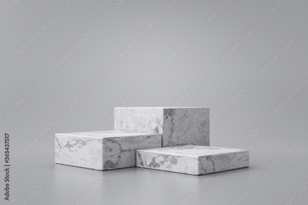 三步白色大理石产品展示，灰色背景，现代背景工作室。空pe