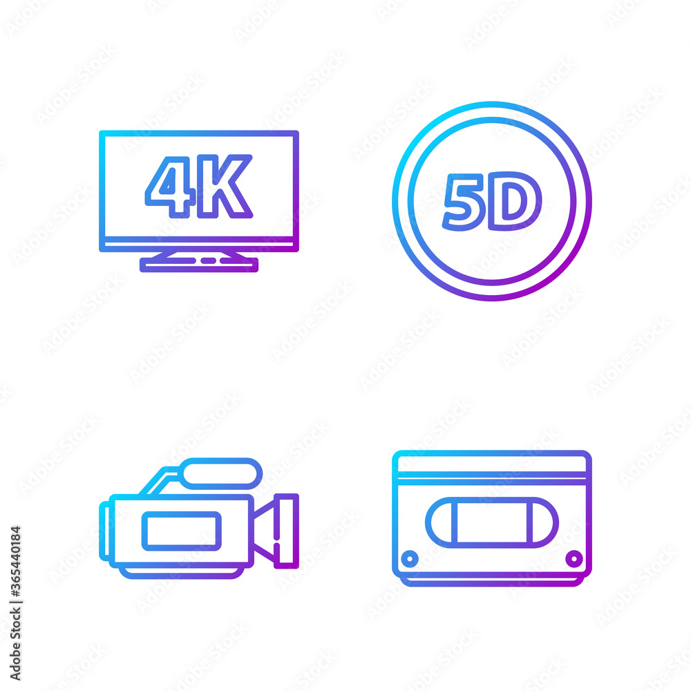 Set line VHS video cassette tape, Cinema camera, Screen tv with 4k and 5d virtual reality. Gradient 