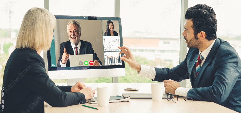 Video call group business people meeting on virtual workplace or remote office. Telework conference 