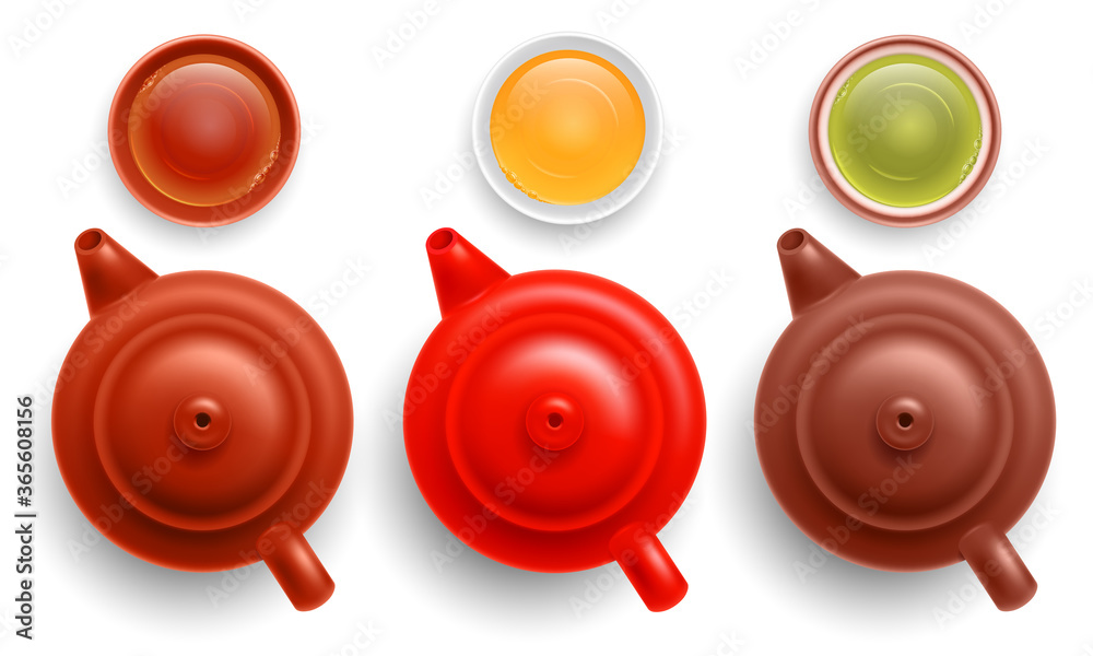 一套中国陶瓷多色茶壶，配有茶杯。红茶、白茶和绿茶等级。To