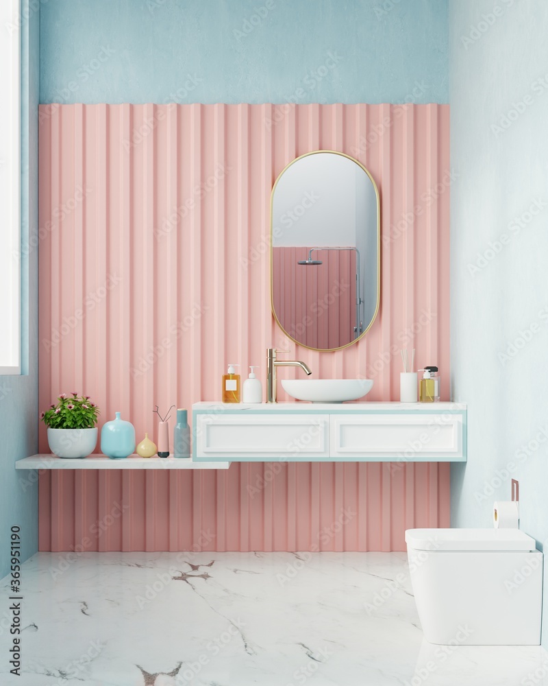 Modern Bathroom interior design on pink wall.
