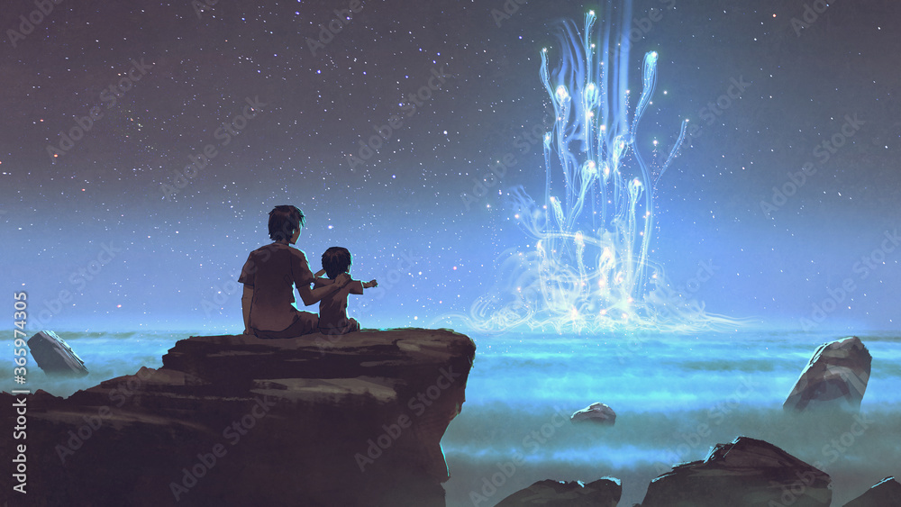 两兄弟坐在悬崖上，看着神秘的发光