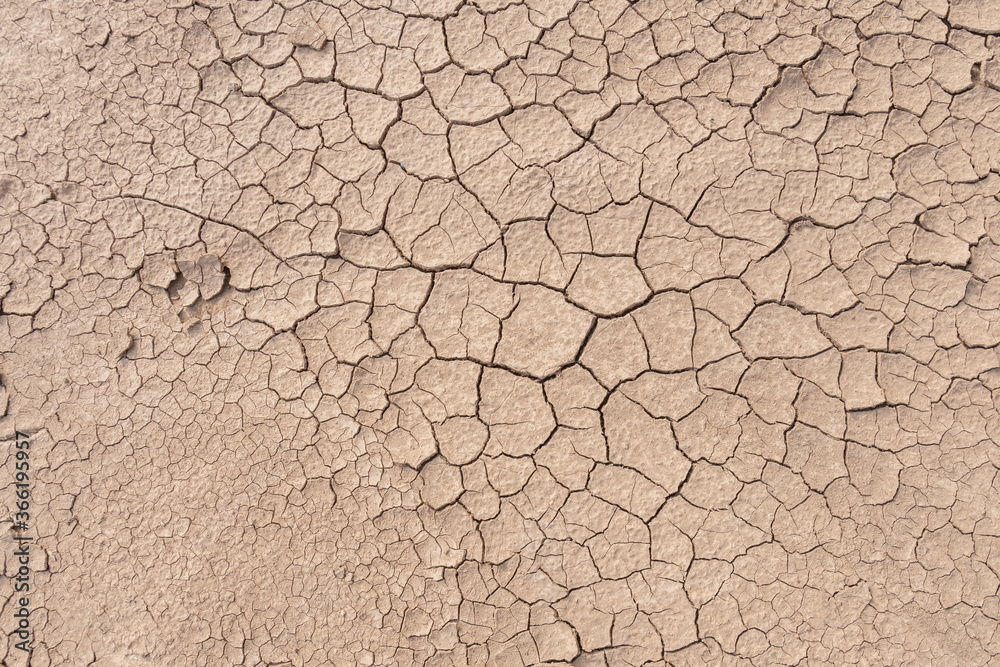 干旱时土壤地面开裂背景纹理，俯视图