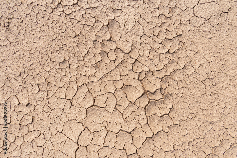干旱时土壤地面开裂背景纹理，俯视图
